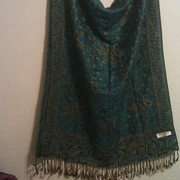 Teal Paisley Pashmina Silk Blend Scarf Shawl Wrap Boho Fringe 60” - Picture 2 of 7
